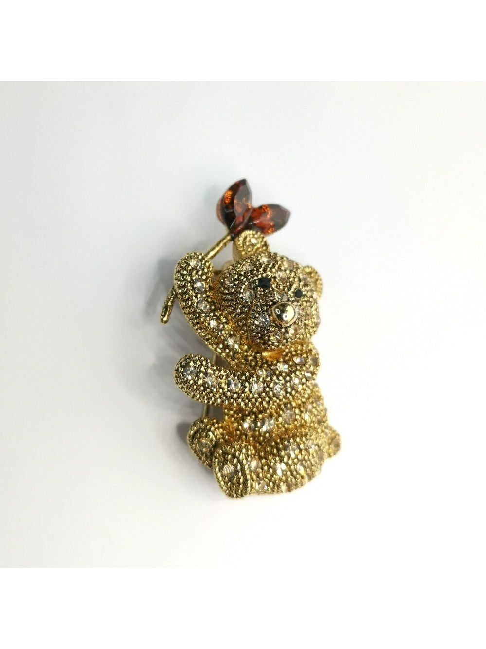 Teddy bear brooch pin gold tone crystals 🆕